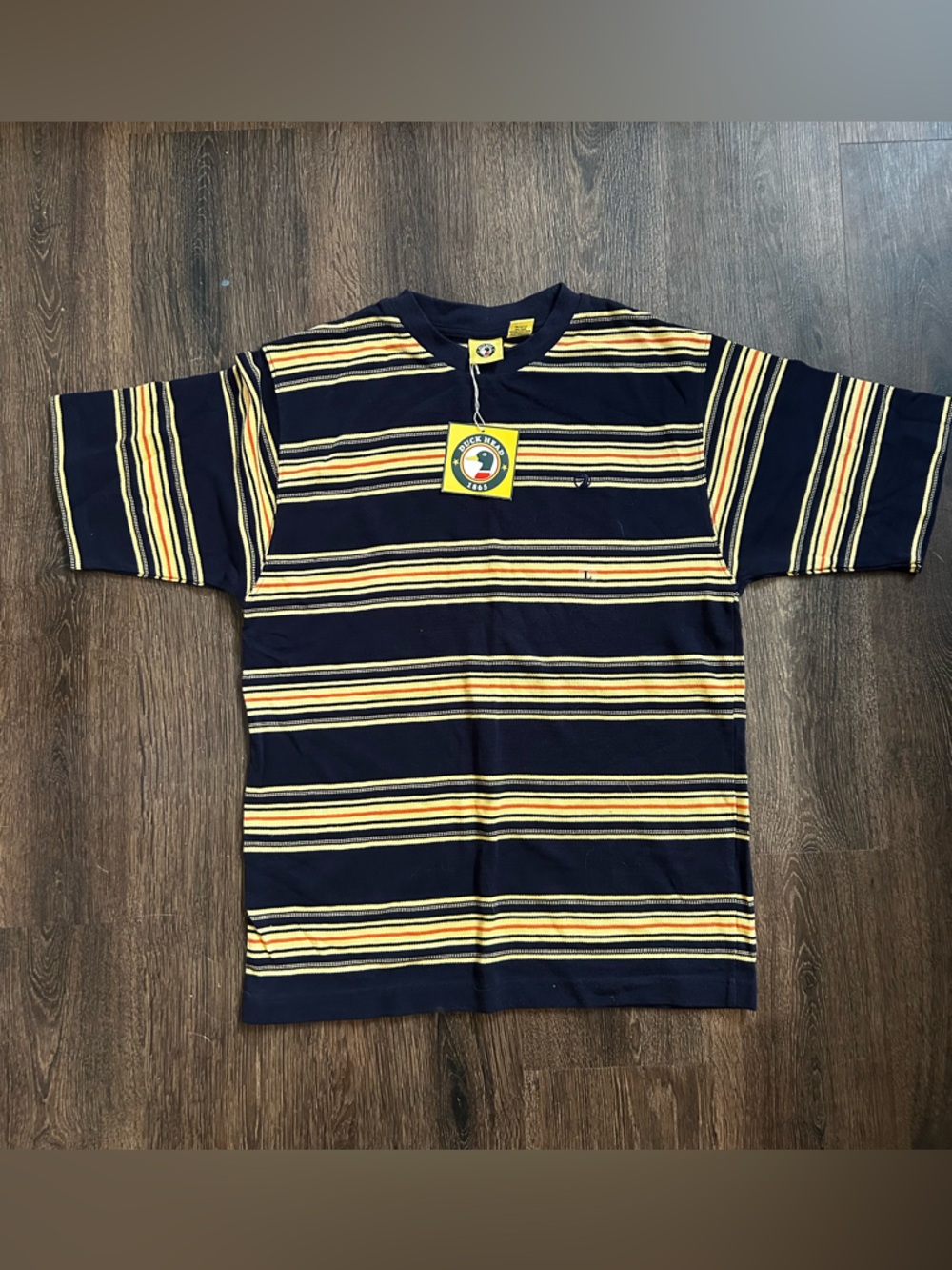 NWT vintage Y2K Duckhead Striped shirt Size L. Navy yellow duckheld emblem
